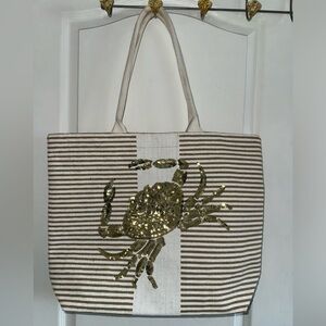 NWT Mud Pie Beige Striped Sequined Crab Tote Bag